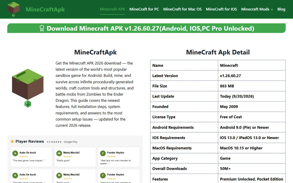 MineCraft APK homepage